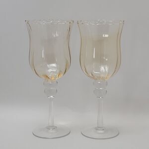 2 Vtg Amber Clear Glass Goblet Style Candle Holders 9.5 Inches Pedestal Stemmed